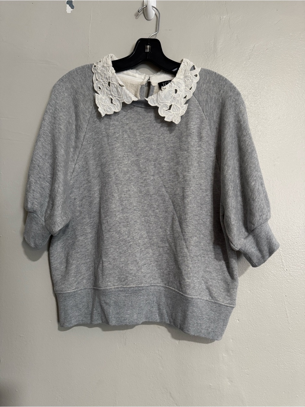 J. Crew Light Gray Puff-Sleeve Sweatshirt with White Floral Collar - Picture 5 of 16